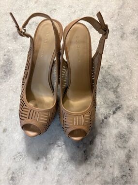 BCBGeneration Tan Laser-Cut Peep-Toe Slingback Heels